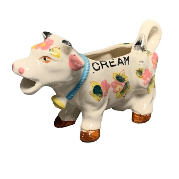 Vintage Cow-Shaped Creamer with Floral Design & "Cream" Label - Picture 1 of 11